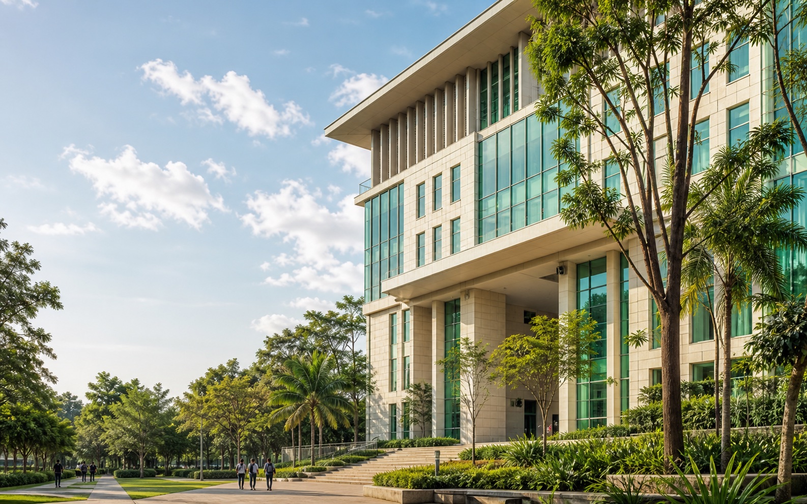 Gedung pendidikan modern dengan ruang terbuka hijau